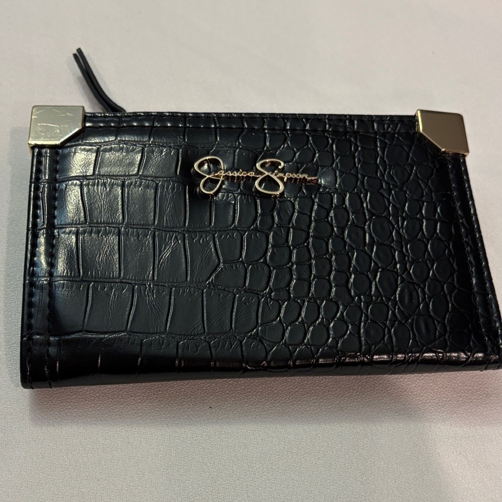 Jessica Simpson Black Croc-Embossed Clutch with Gold Details
